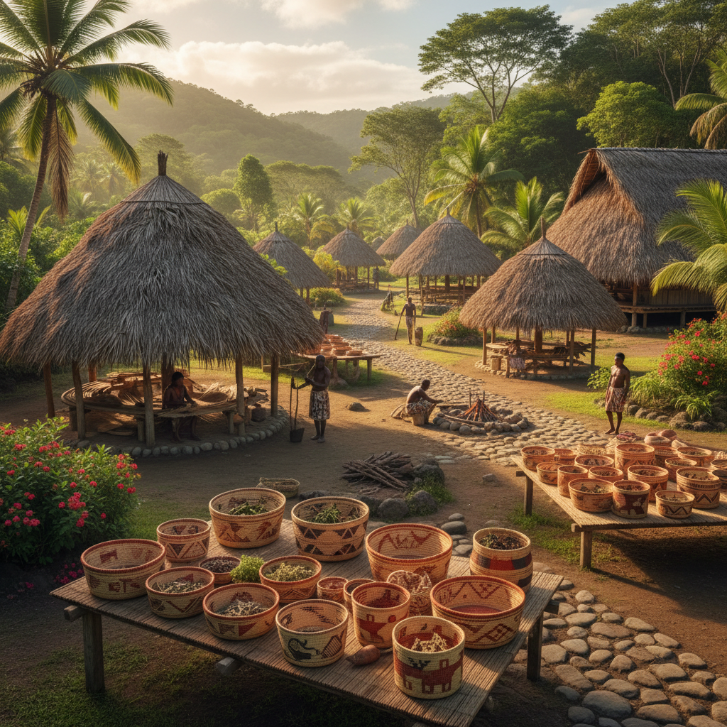 Traditional Kalinago indigenous village with thatched structures and handcrafted baskets on display
