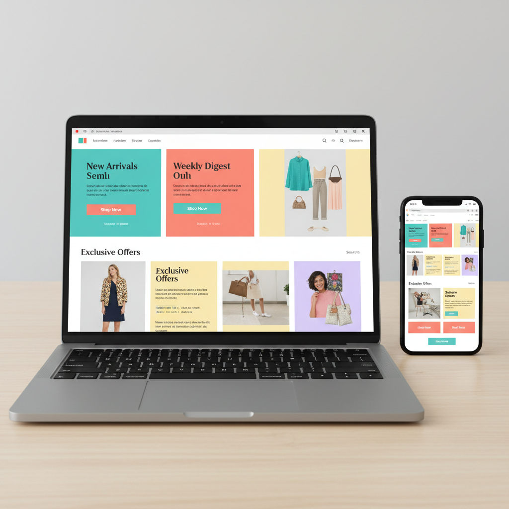Multiple website template designs displayed on laptop and tablet screens with clean modern layouts on neutral background