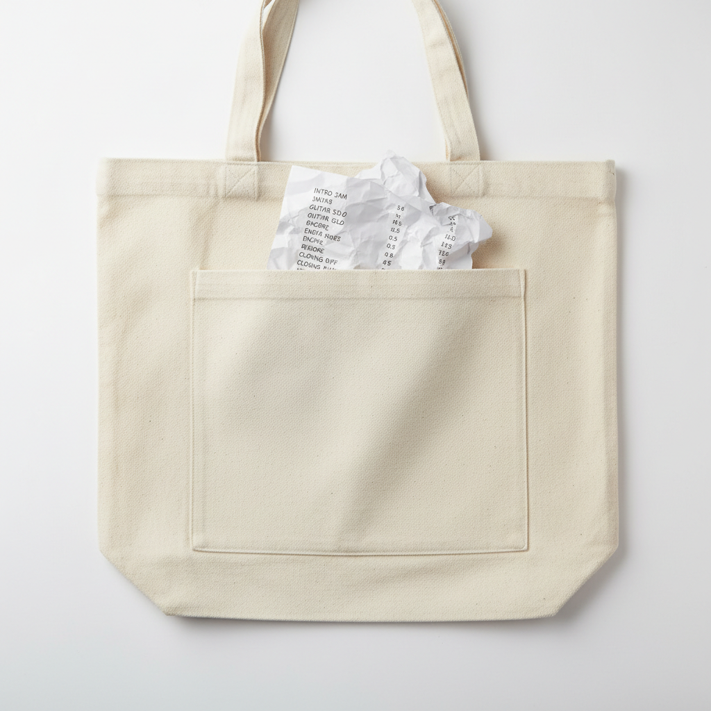 Canvas tote bag with open pocket revealing a crumpled setlist