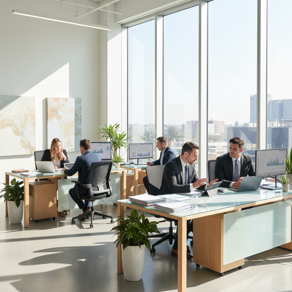 Professional financial advisor consulting with diverse clients in modern office setting