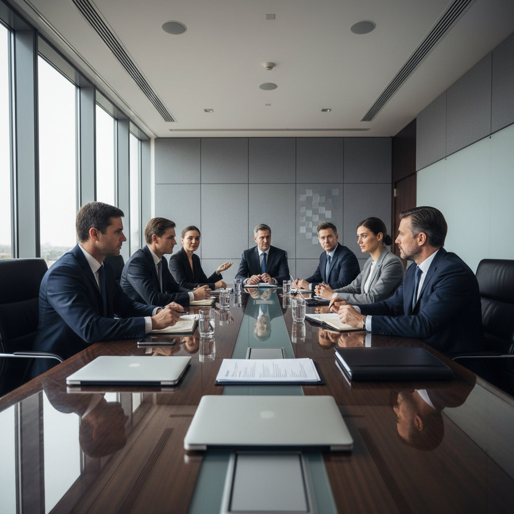 Business team in dark modern conference room, moody atmospheric corporate photography, low-key lighting