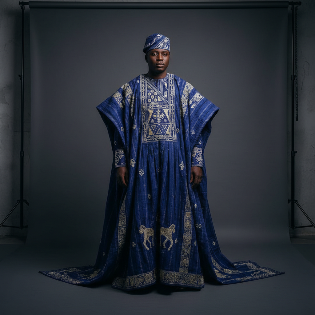 Elegant flowing agbada traditional Yoruba robe ceremonial attire, dark studio background, deep shadows
