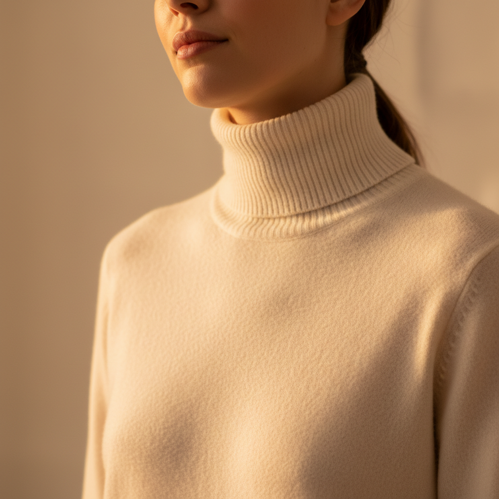 Soft cashmere ribbed sweater in ivory on model, warm natural light, clean background