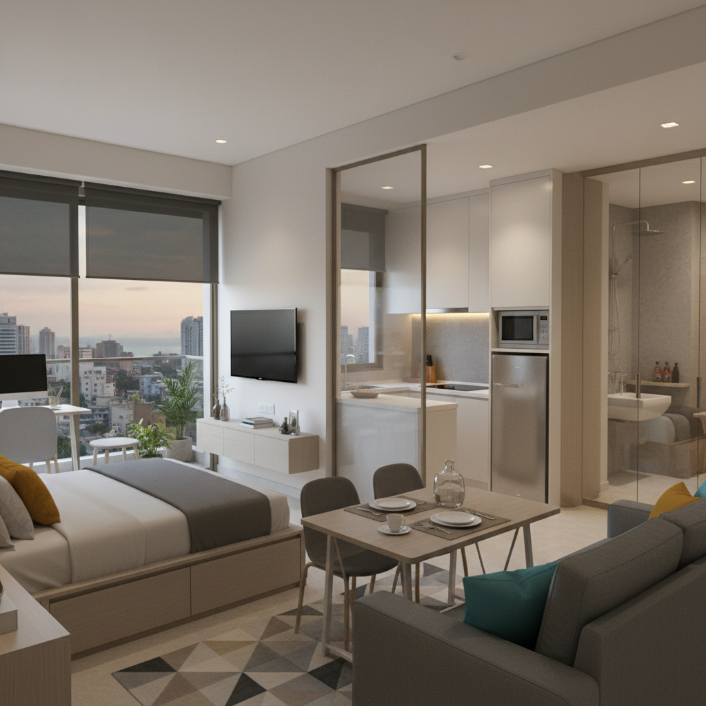 Compact studio apartment interior with city view in Koramangala Bangalore