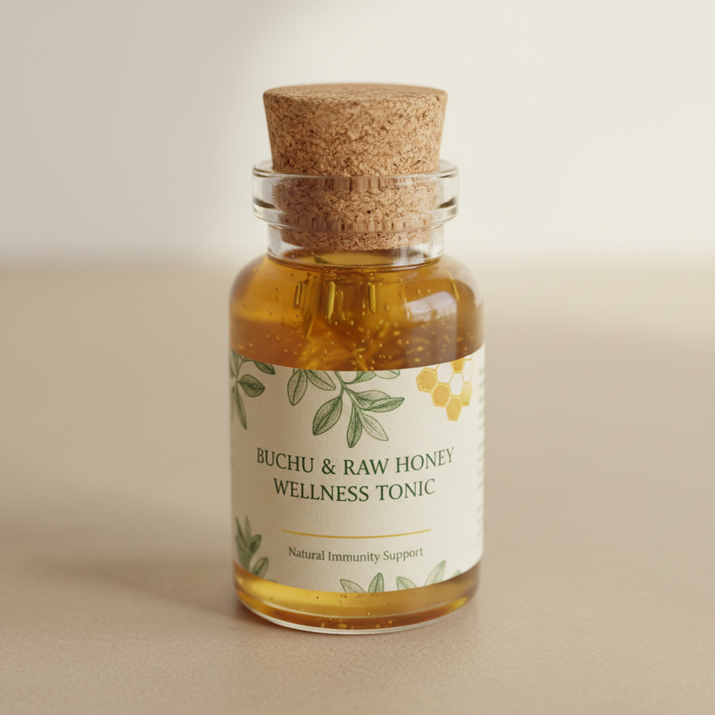 Small bottle of buchu and raw honey wellness tonic with natural cork stopper