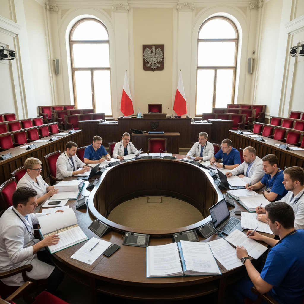 Physicians and clinical leaders seated around a long wooden table mid-conversation, coffee cups half-empty, notebooks open, golden-hour warm lighting with bookshelves and soft daylight window in background