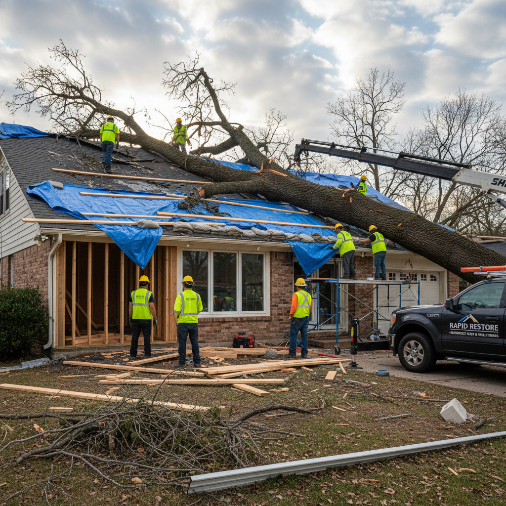 Storm-damaged house with fallen tree on roof and emergency tarping in progress
