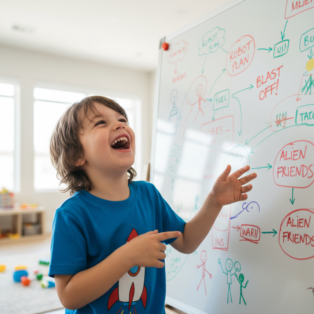 Child laughing mid-explanation while pointing at a whiteboard covered in diagrams