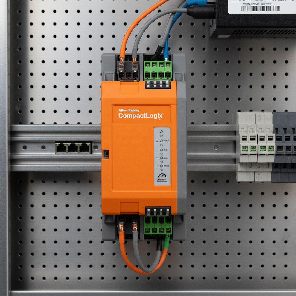 PLC Allen Bradley MicroLogix instalado en riel DIN, fondo de panel eléctrico oscuro