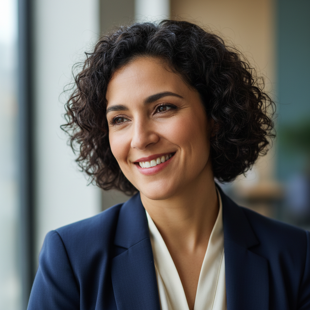 Professional Hispanic woman with dark hair in business casual attire smiling outdoors