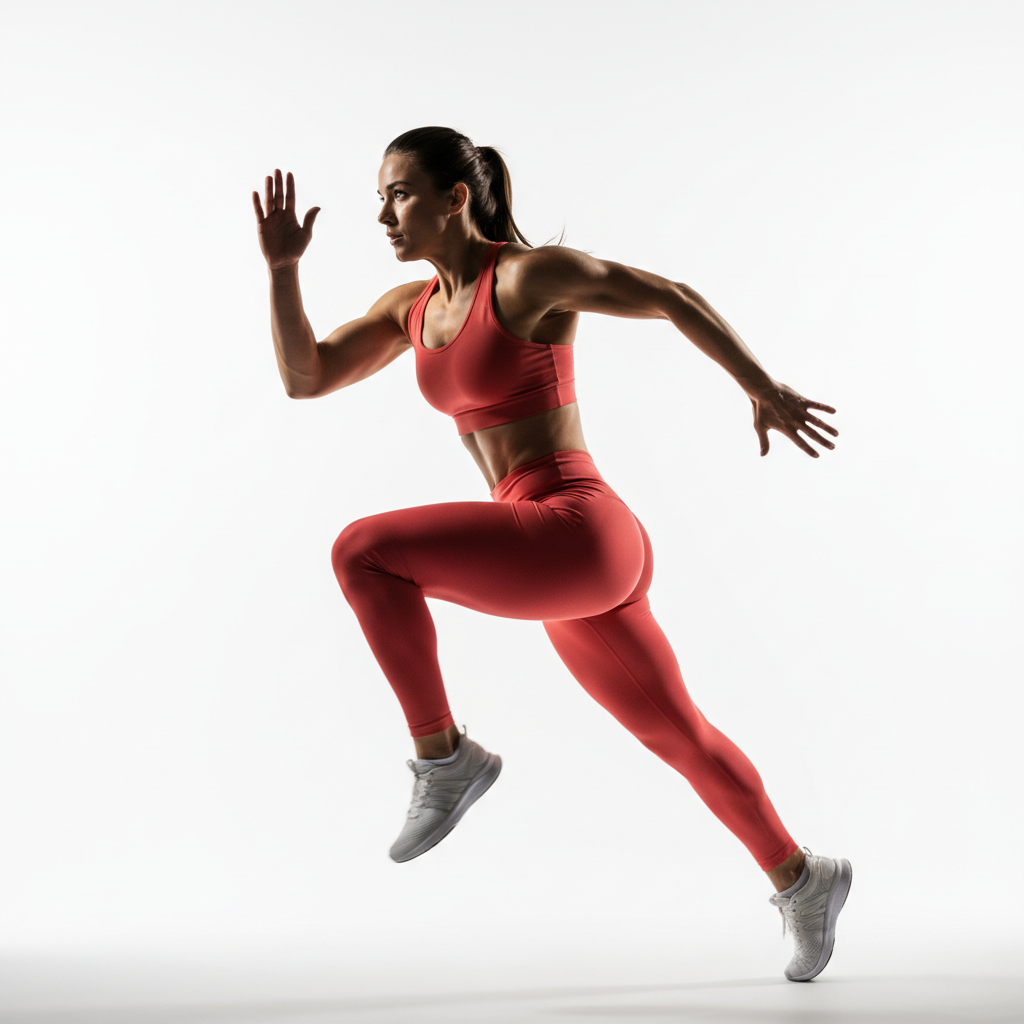 Athletic model in technical sportswear set, clean white studio background, dynamic pose showing fabric movement