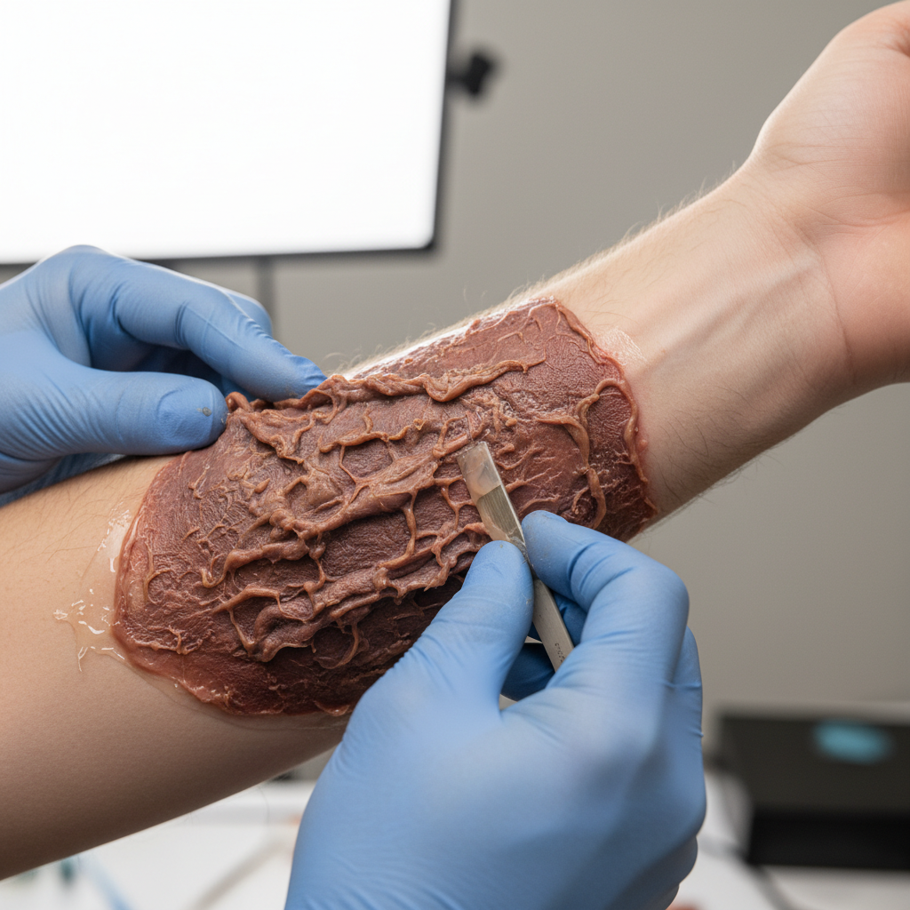 Applying silicone burn appliance to actor forearm on set