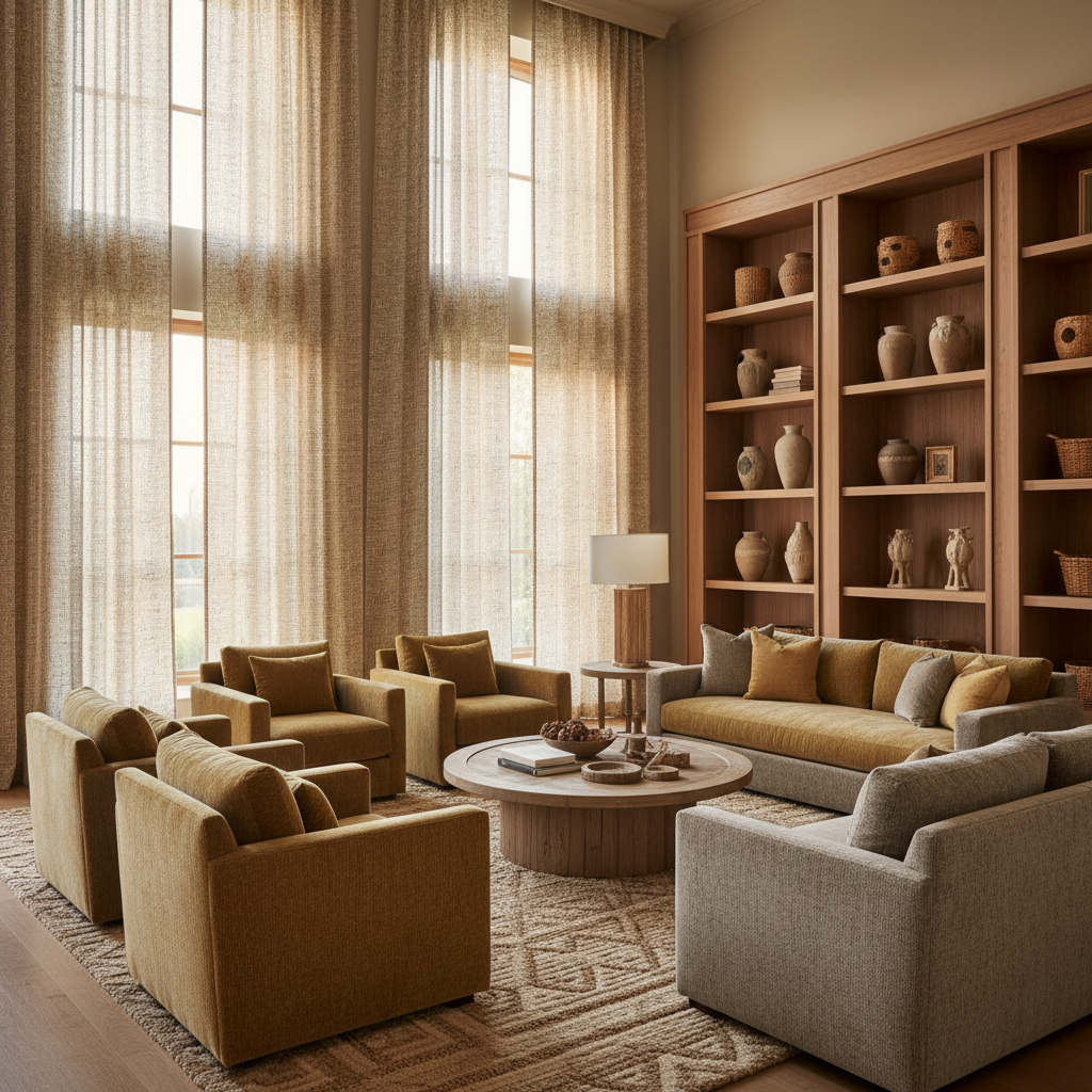 Elegant interior design with custom window treatments and sophisticated decor