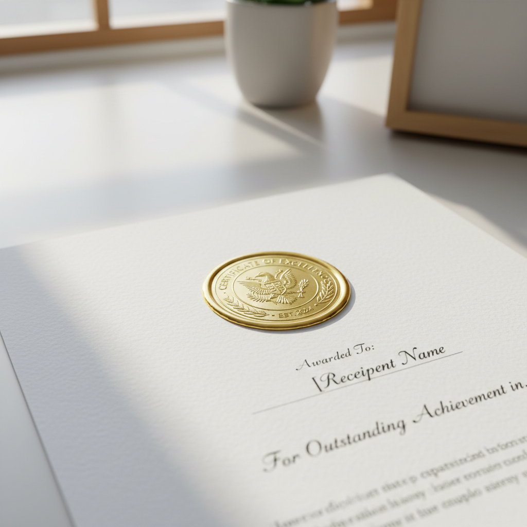 Clear acrylic certificate plaque with gold engraving on white desk