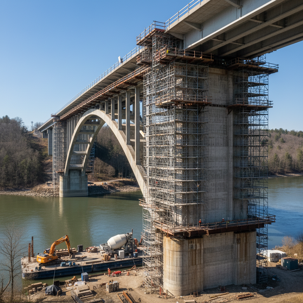 Bridge construction in progress over a river, bright daylight, concrete structure, open rural landscape