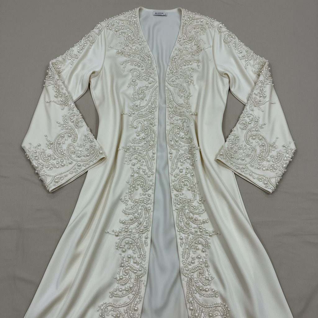 Pearl embroidered luxury abaya in champagne fabric, architectural marble background