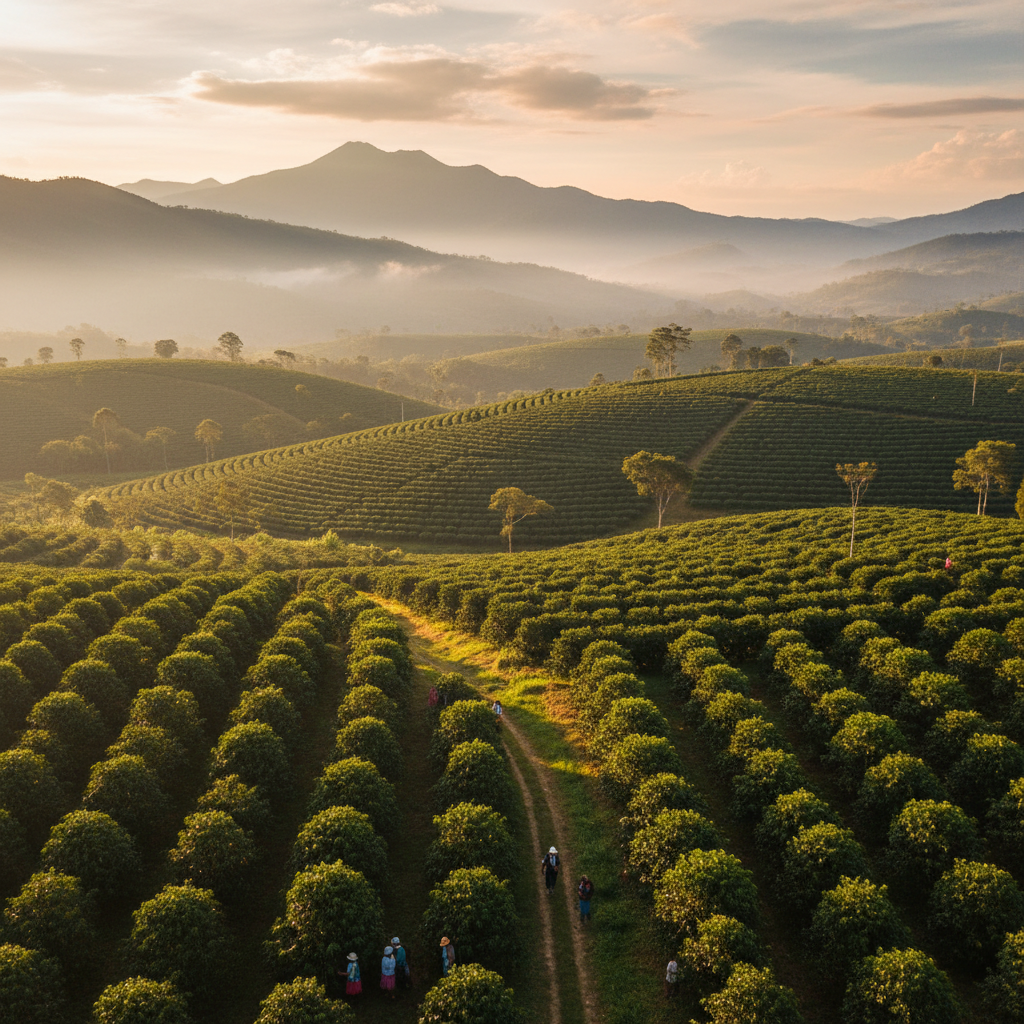 Guatemalan highland coffee farm in Comapa, Jutiapa — misty mountains at golden hour