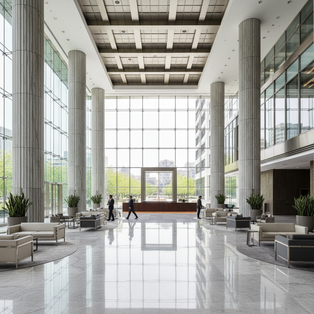 Modern corporate office lobby with high ceilings, polished stone floors, and recessed architectural lighting in warm white tones