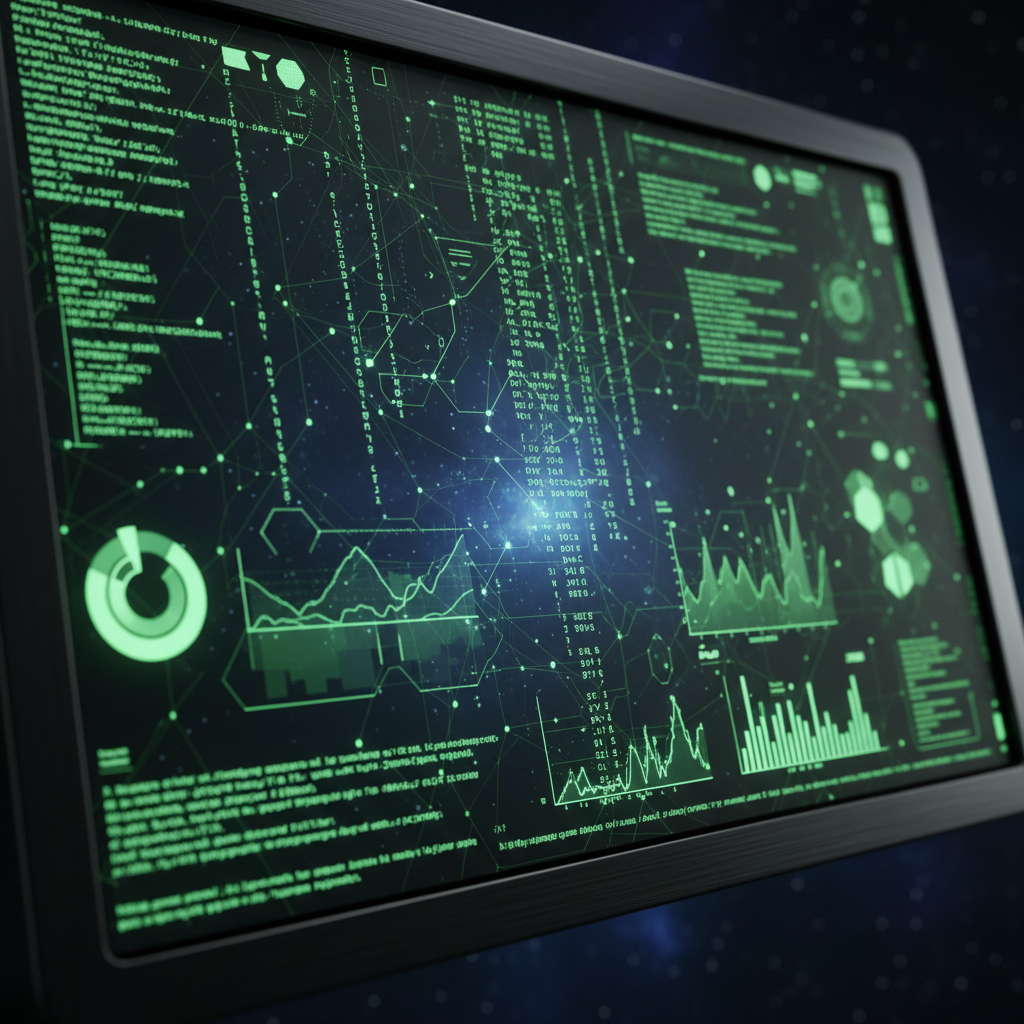 Abstract digital interface with glowing green terminal output on dark screen