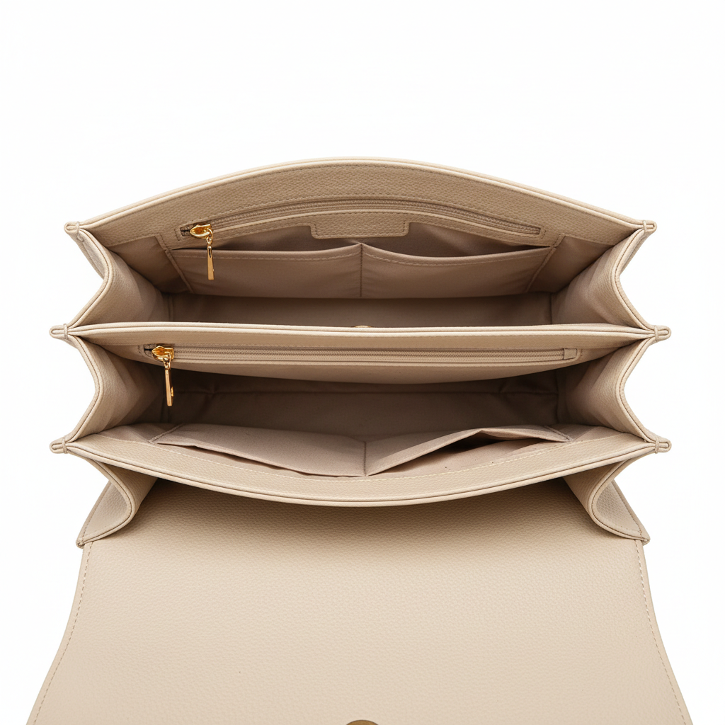 Bag organizer insert placed inside a handbag showing organised compartments and pockets in warm neutral tones