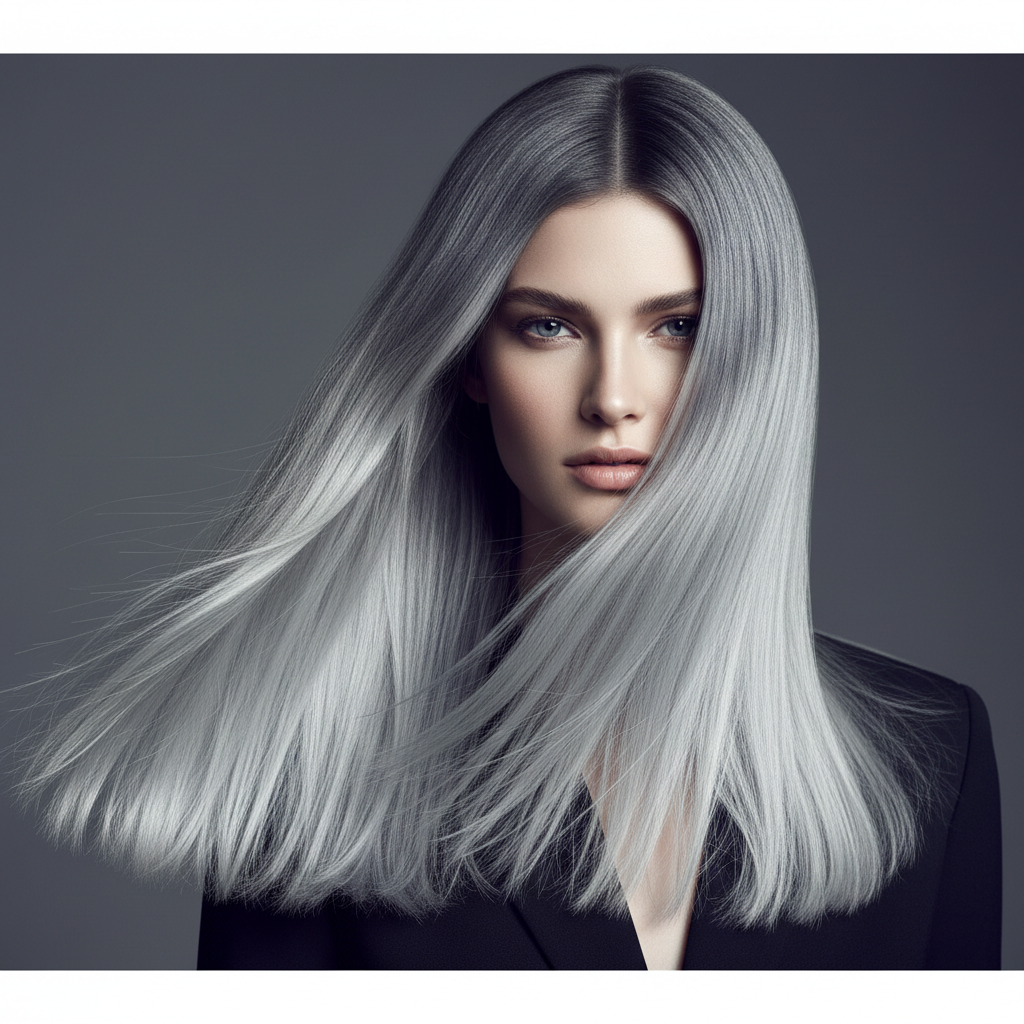 Model with silver smoke hair color featuring deep charcoal roots and bright silver lengths in studio portrait