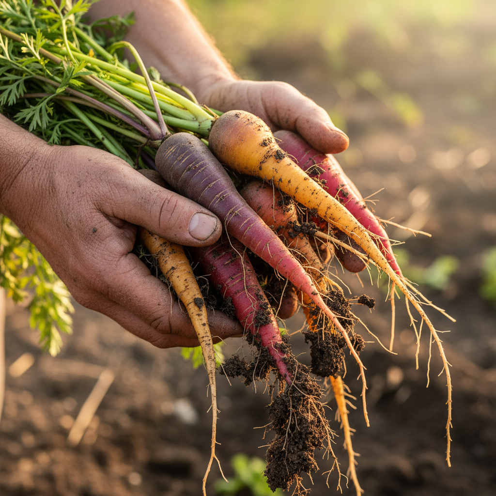 Farmer's hands holding freshly picked vegetables with rich dark soil in a sunlit Vermont field