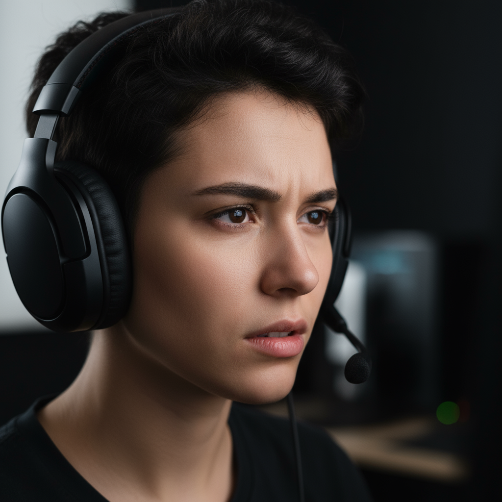 Young woman with confident expression, dark background, gaming champion portrait