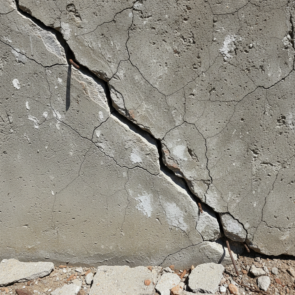 Cracked concrete foundation with visible differential settlement cracks running diagonally across the wall surface