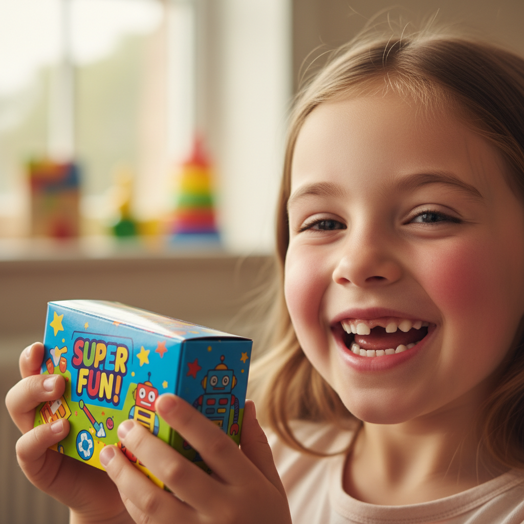 Happy child showing prize box toy, big grin after successful dentist appointment
