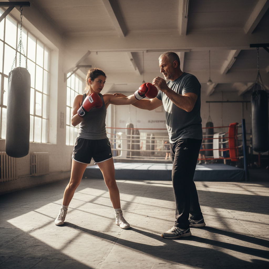 Adult beginner boxing training in bright gym, learning basic technique with trainer