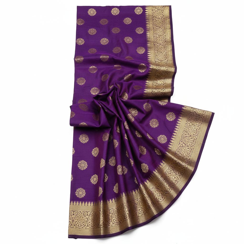 Royal purple Mysore crepe silk saree with gold border, elegant studio setting