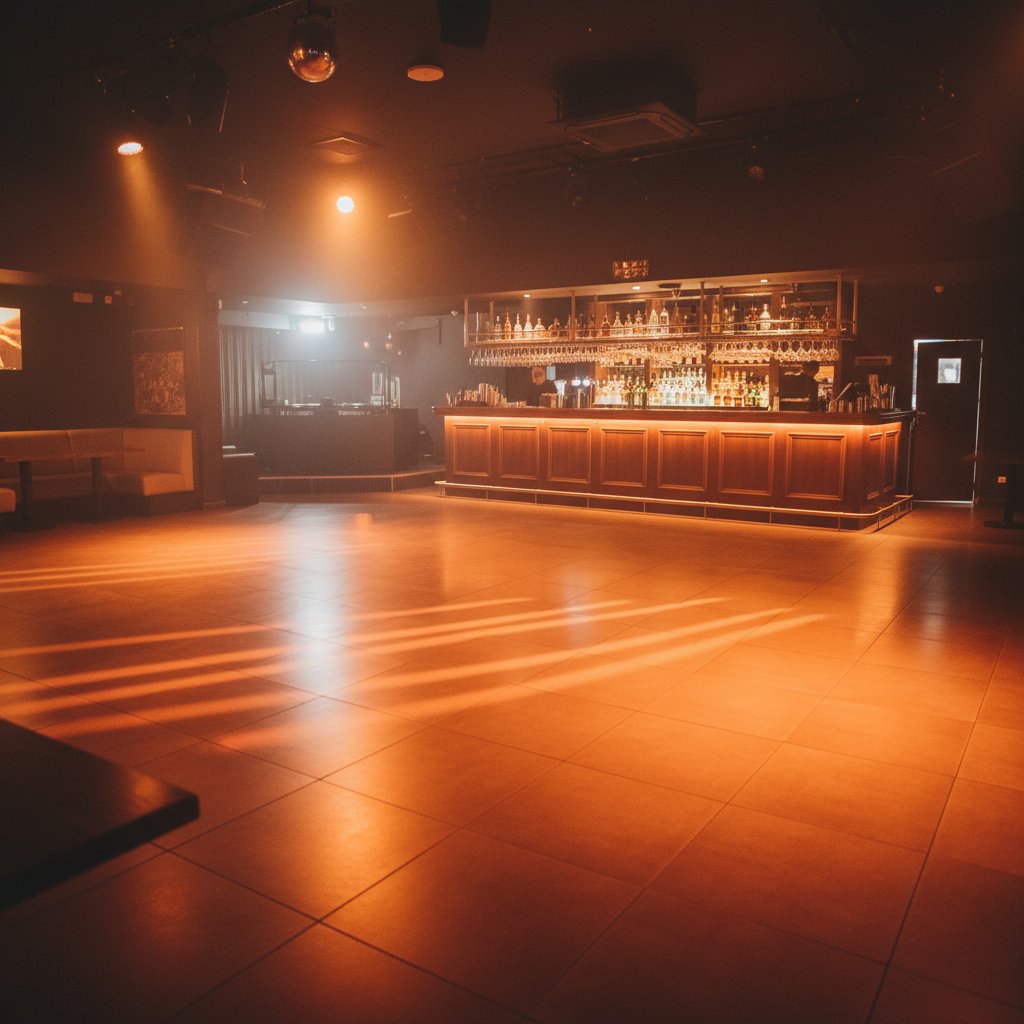Empty nightclub dance floor with warm amber lighting, bar being stocked, fog machine warming up
