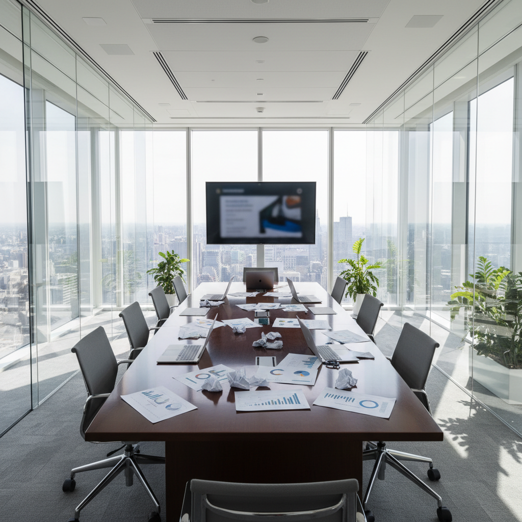 Modern office conference room with glass walls, strategic documents spread across a large table
