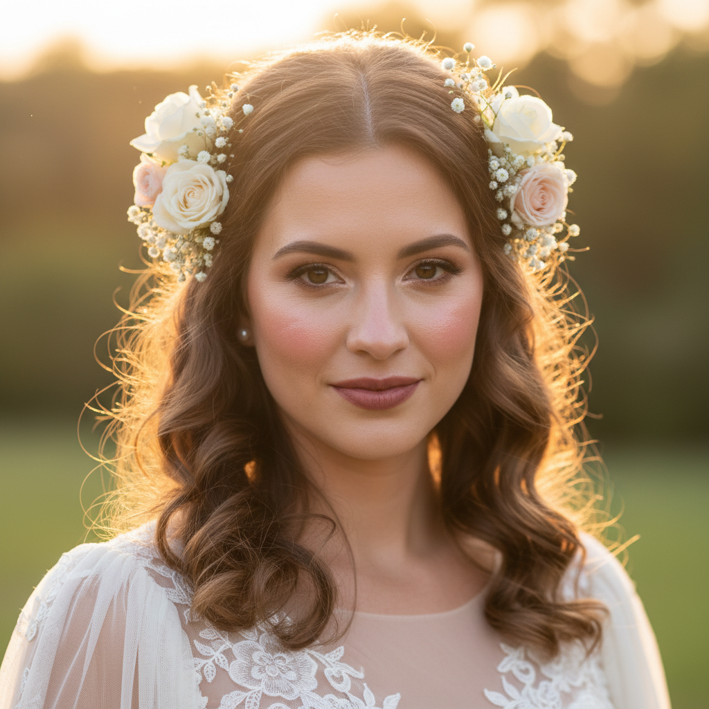 Bride with flawless natural bridal makeup, soft morning light, white floral background