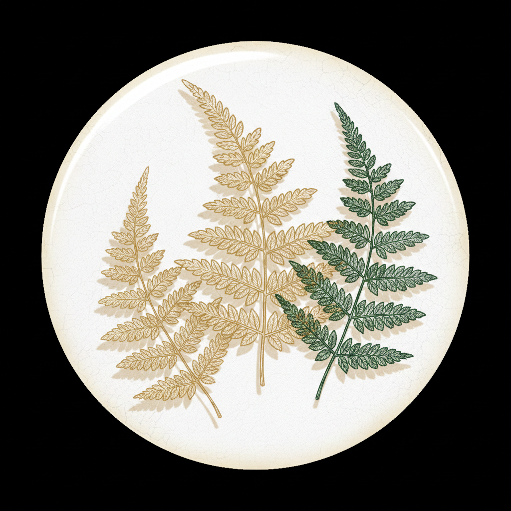 Mid-century style fern botanical illustration in warm gold and forest green tones