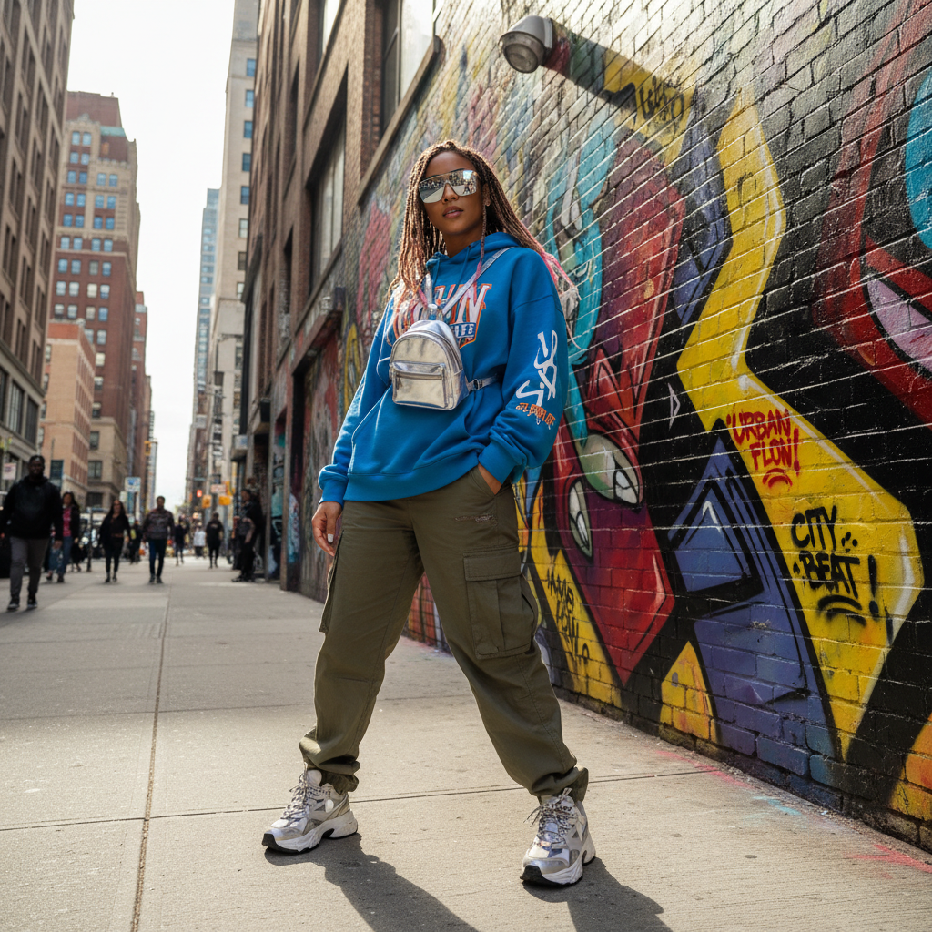 Urban streetwear outfit, oversized fit, graffiti wall background, modern youth fashion