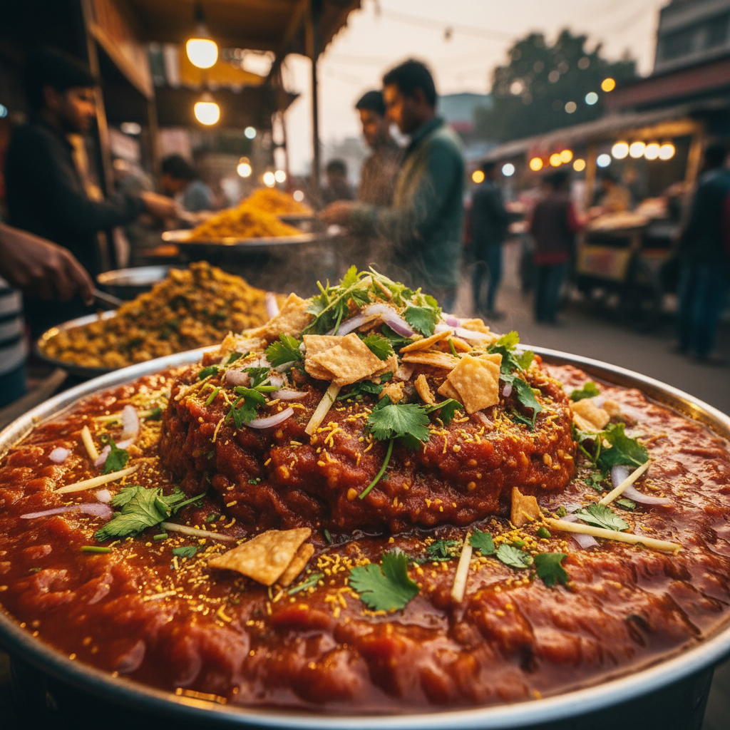 Tamatar chaat with tomato gravy and crispy kachori, vibrant red and orange colors, bright street food photography