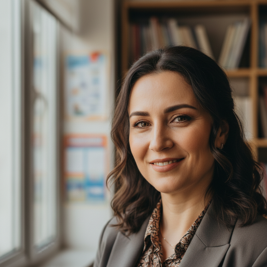 French woman educator in her 40s, professional and warm smile, bright natural light, academic setting