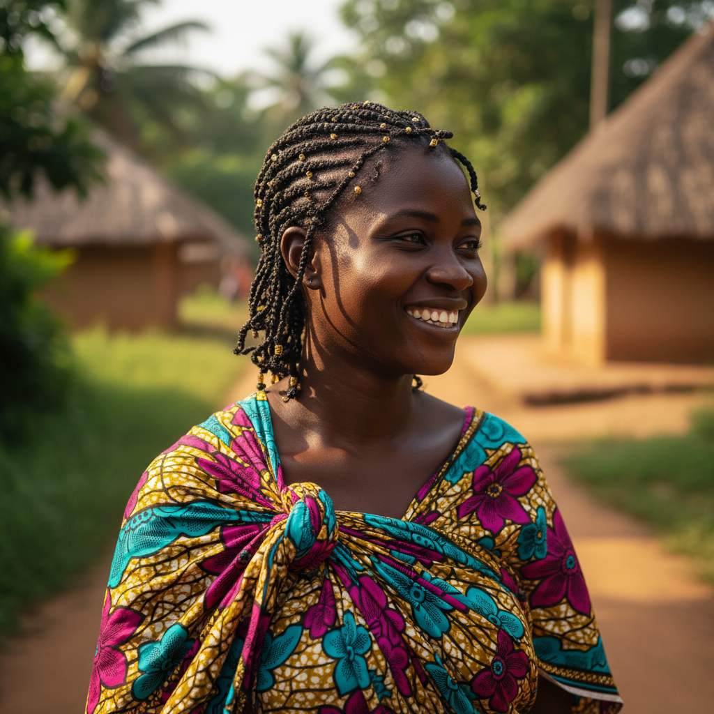 Rwandan woman farmer smiling confidently, wearing colorful traditional fabric