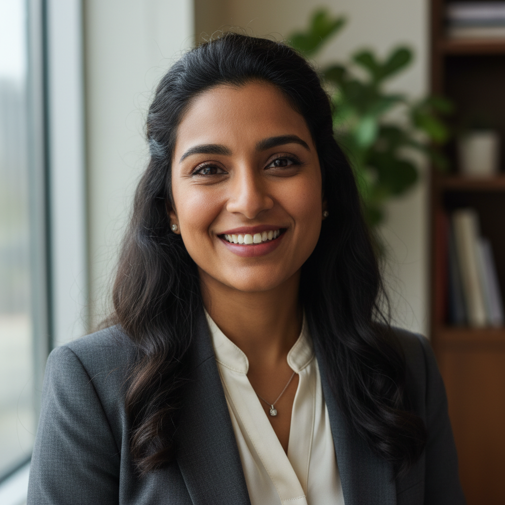Portrait of Priya Nair, South Asian woman with warm smile