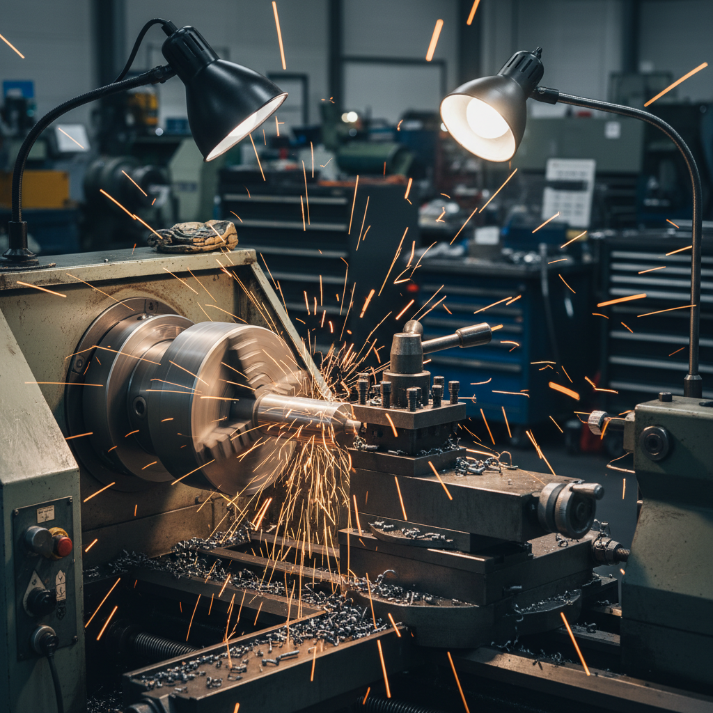 Lathe machine turning cylindrical metal part, steel chips, industrial turning center, bright workshop