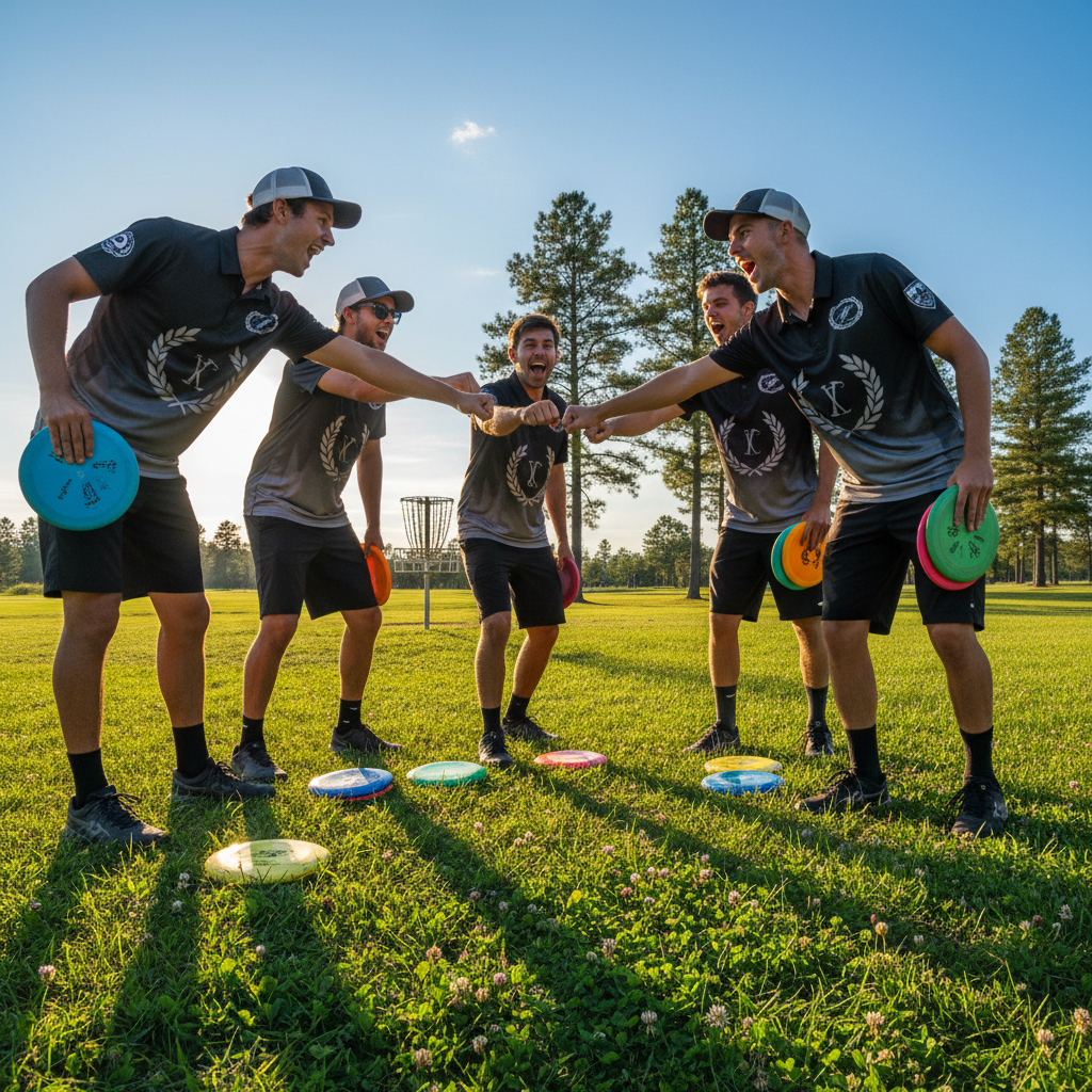 Disc golf team celebrating a tournament win on the course, fist bumping in a circle