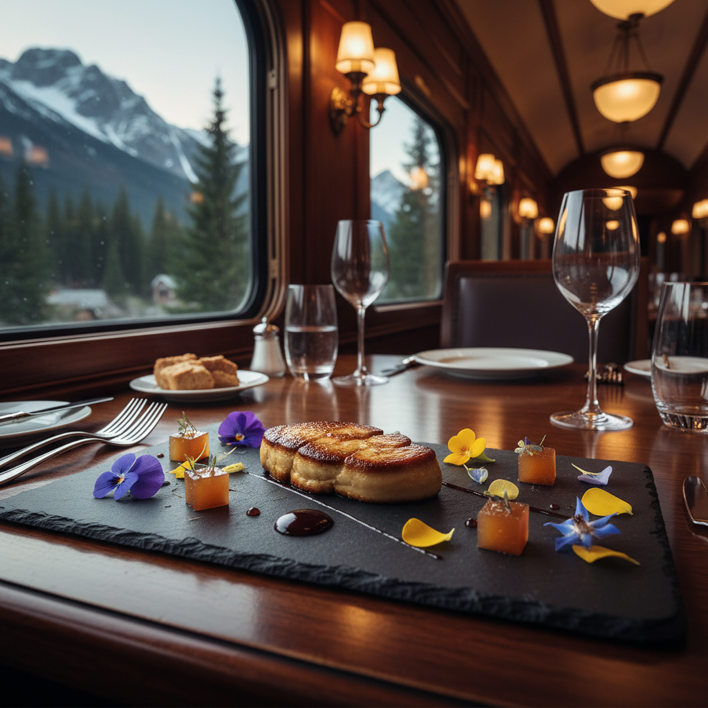 Beautifully plated cold entrée with seared foie gras, quince gelée, and edible flowers on a slate serving board in luxury train dining car