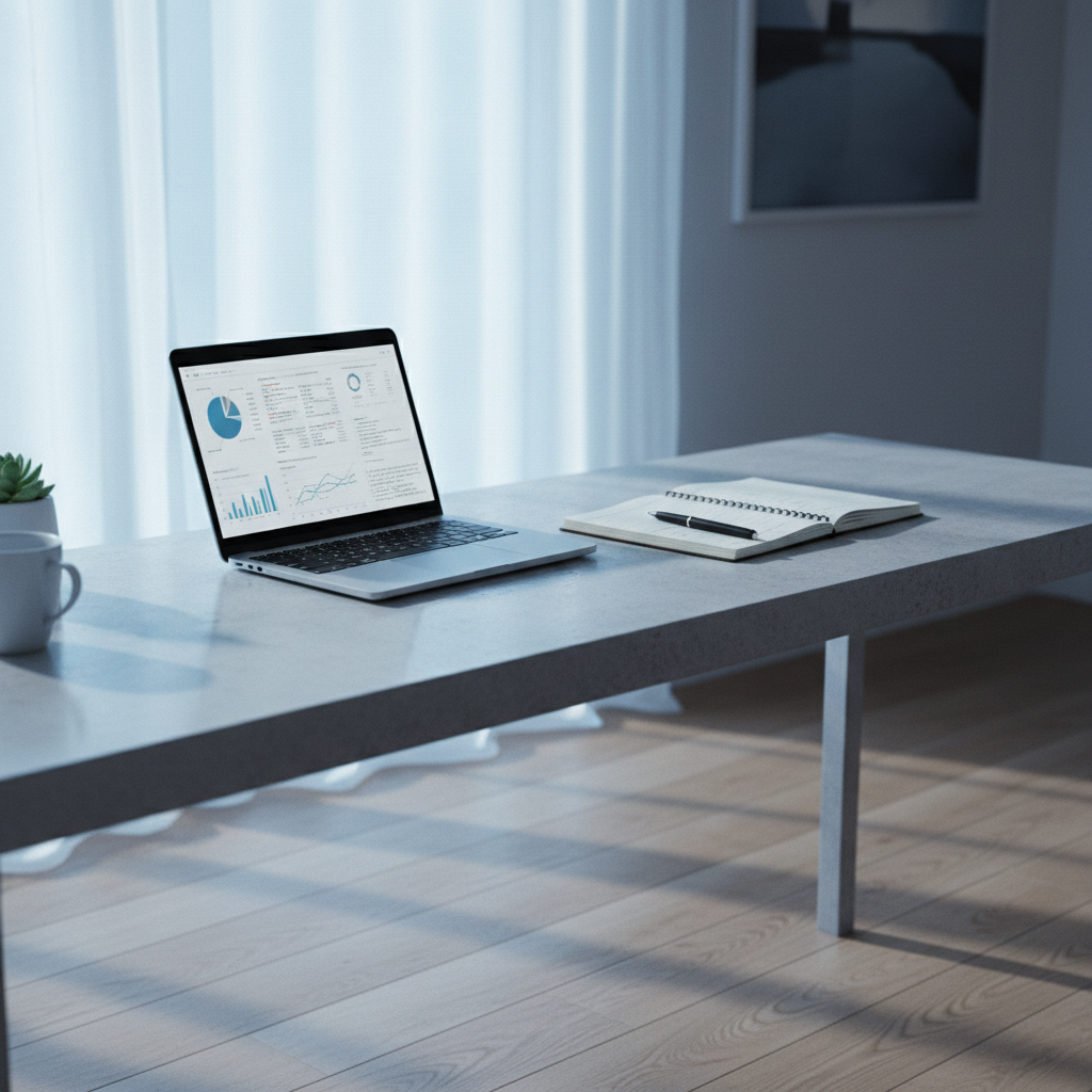 Clean minimal desk with notebook and measuring tape, bright natural light