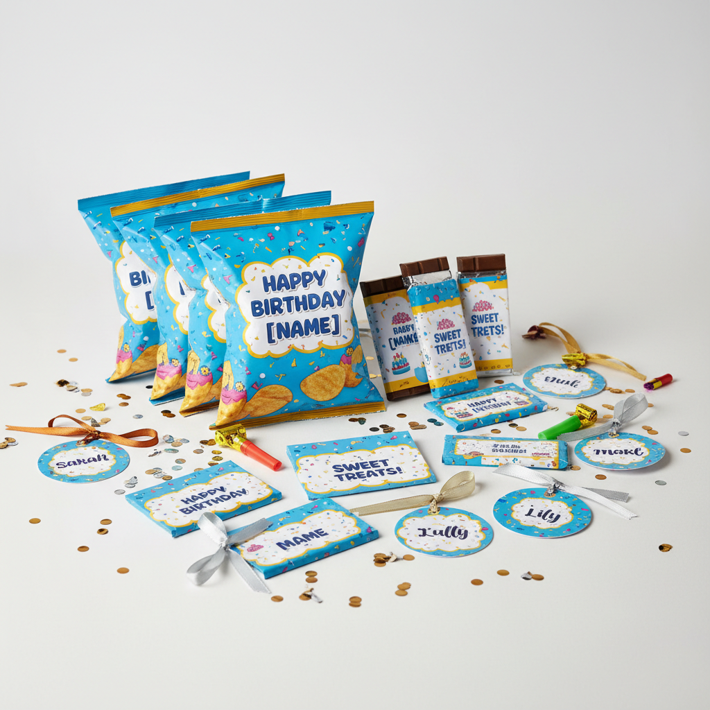 Complete ready-made party pack with personalised chips, chocolates and tags