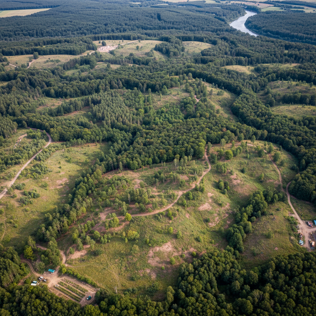 Aerial drone photograph of a thousand-acre reforestation site showing mixed-species canopy in various stages of recovery, patchwork of dark green against lighter hillsides