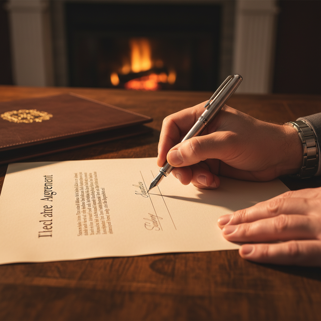 Contract signing in warm amber studio light, hands on paper