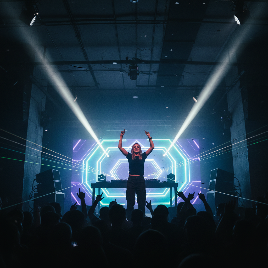Female DJ Charlotte de Witte at a dark techno venue with dramatic lighting