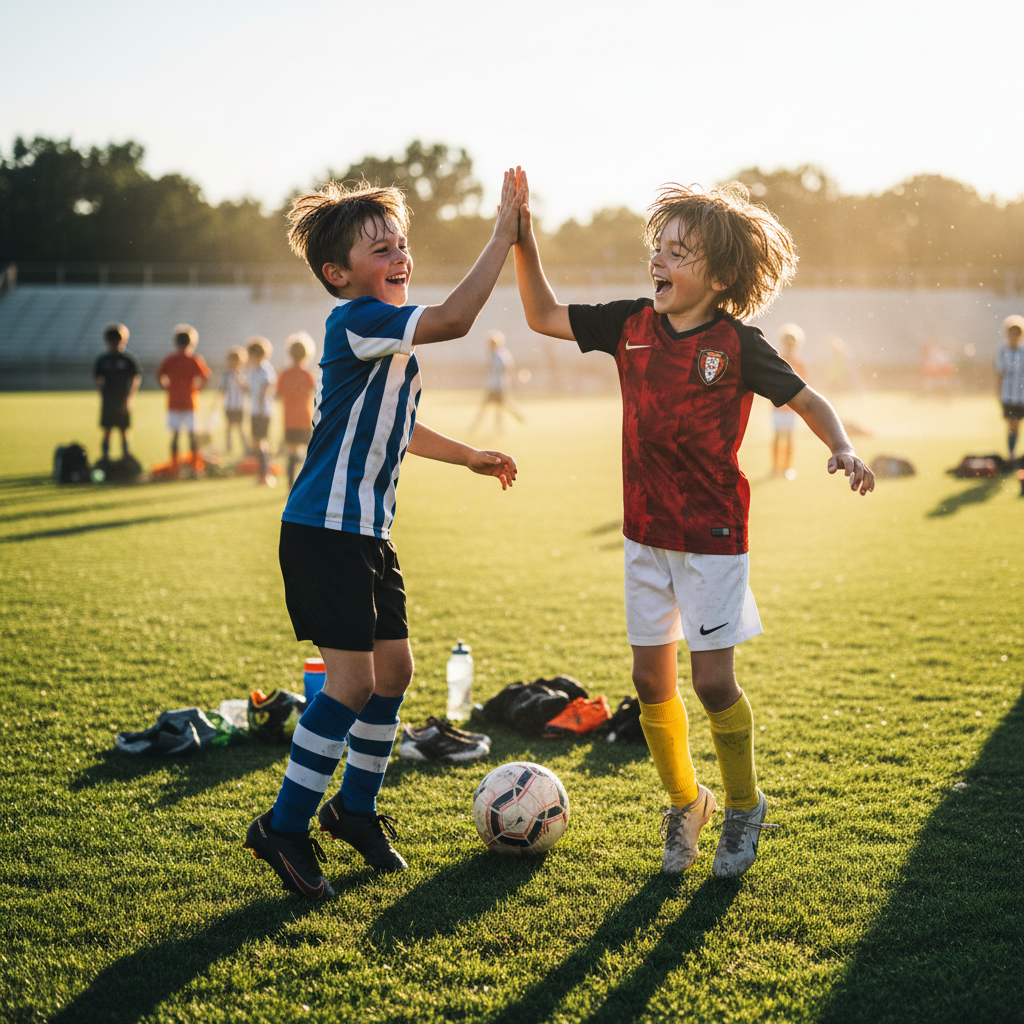 Two kids high-fiving after a soccer game, huge smiles