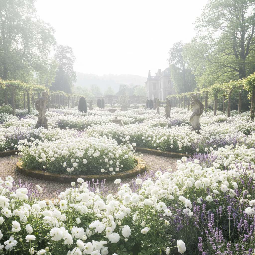 Overgrown estate garden in spring, white ranunculus and lavender flowers, bright airy over-exposed light, delicate botanical abundance
